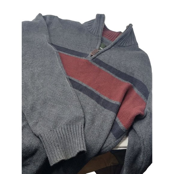 Eddie Bauer 1/4 Zip Sweater Cotton Gray Burgandy Striped Size Medium Men's - Picture 3 of 4